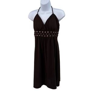 My Michelle Brown Boho Halter Dress WMNS L Knitted Empire Waist Open Back Mini